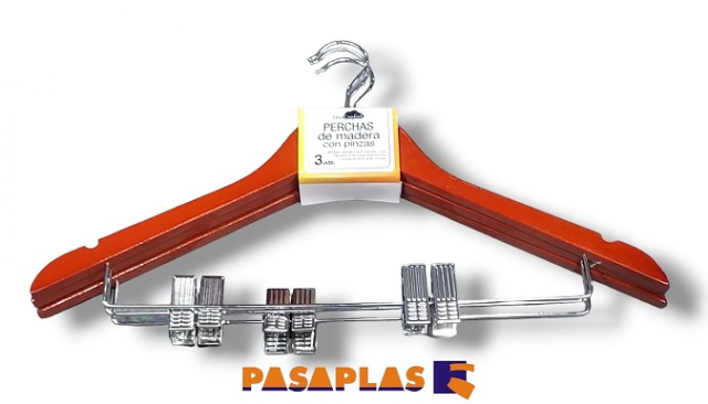 PERCHA MADERA CAOBA C/PINZAS 78 (Pack-3)